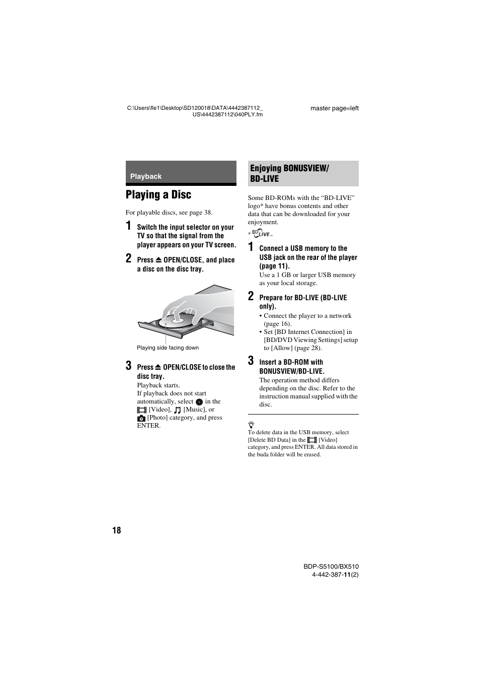 Playback, Playing a disc | Sony BDP-BX510 User Manual | Page 18 / 44