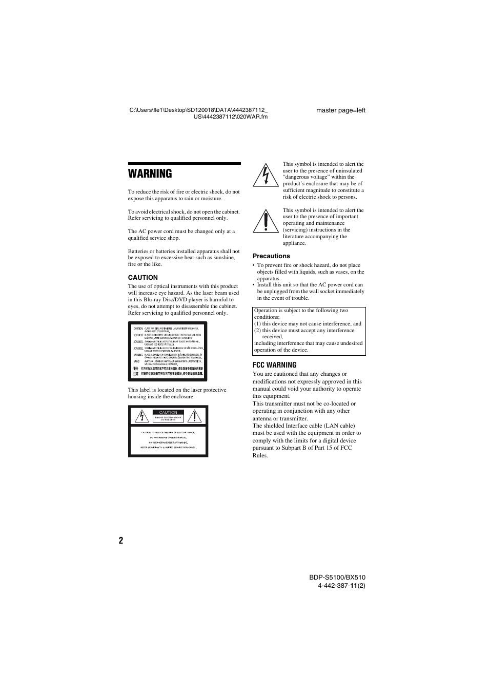 Warning | Sony BDP-BX510 User Manual | Page 2 / 44