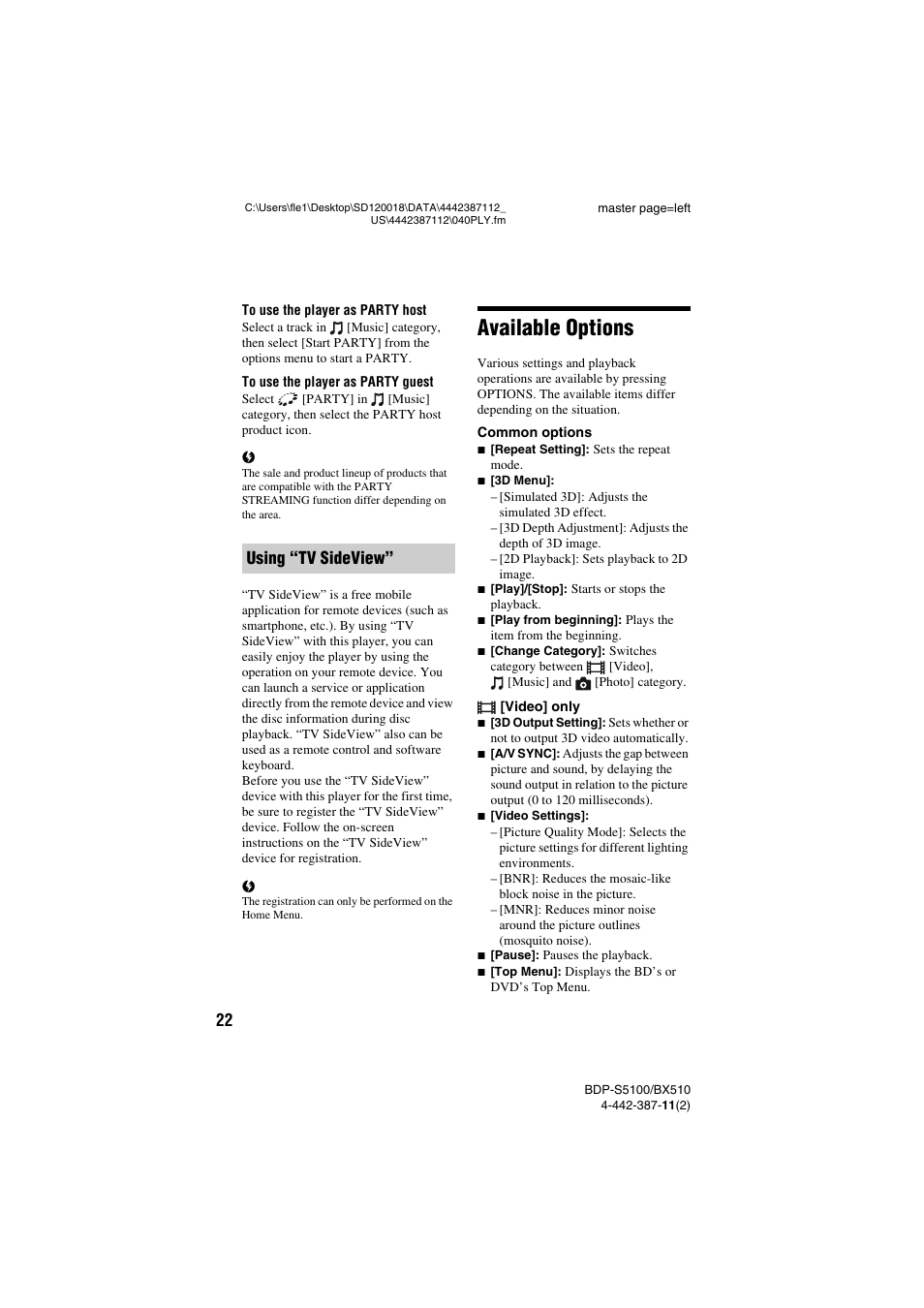 Available options, Using “tv sideview | Sony BDP-BX510 User Manual | Page 22 / 44