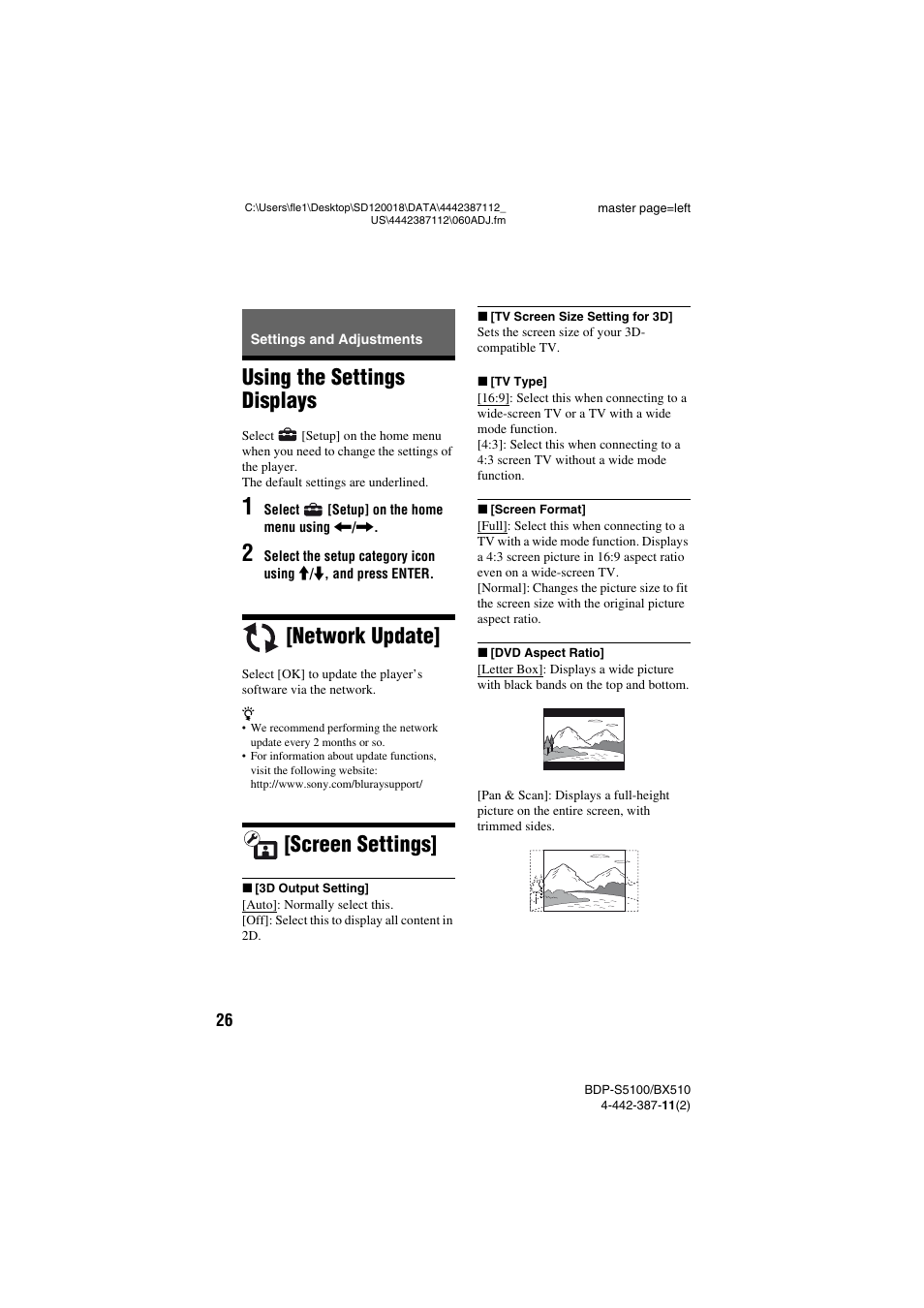 Settings and adjustments, Using the settings displays, Network update | Screen settings | Sony BDP-BX510 User Manual | Page 26 / 44