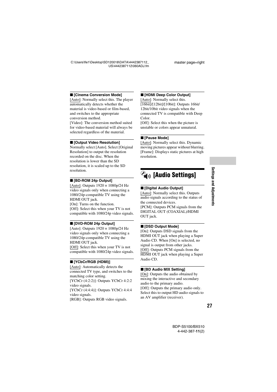 Audio settings | Sony BDP-BX510 User Manual | Page 27 / 44