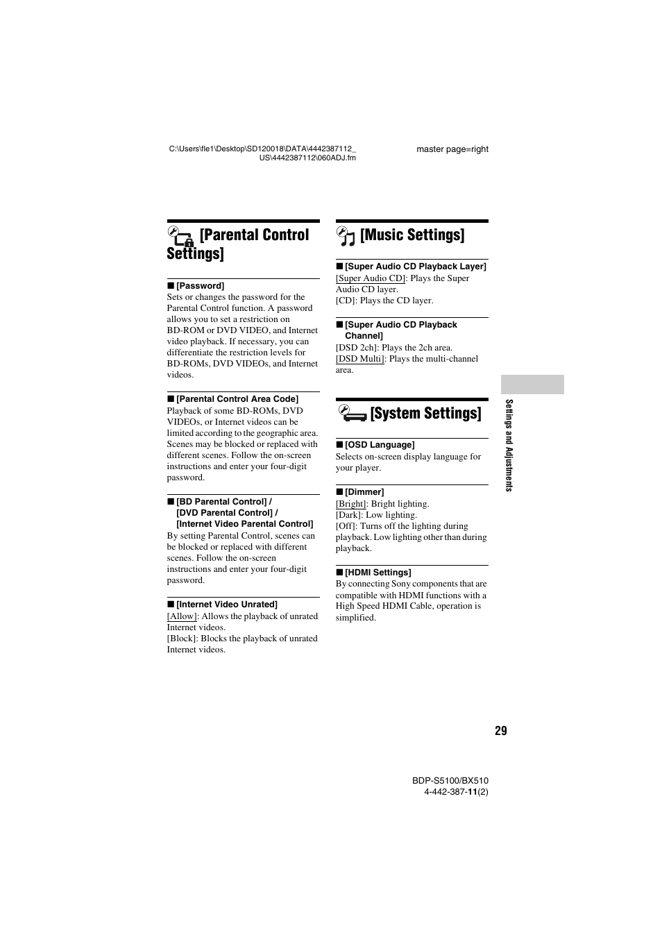 Parental control settings, Music settings, System settings | Sony BDP-BX510 User Manual | Page 29 / 44