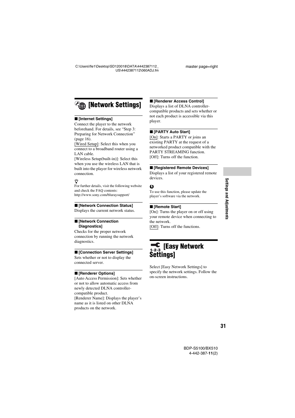 Network settings, Easy network settings | Sony BDP-BX510 User Manual | Page 31 / 44