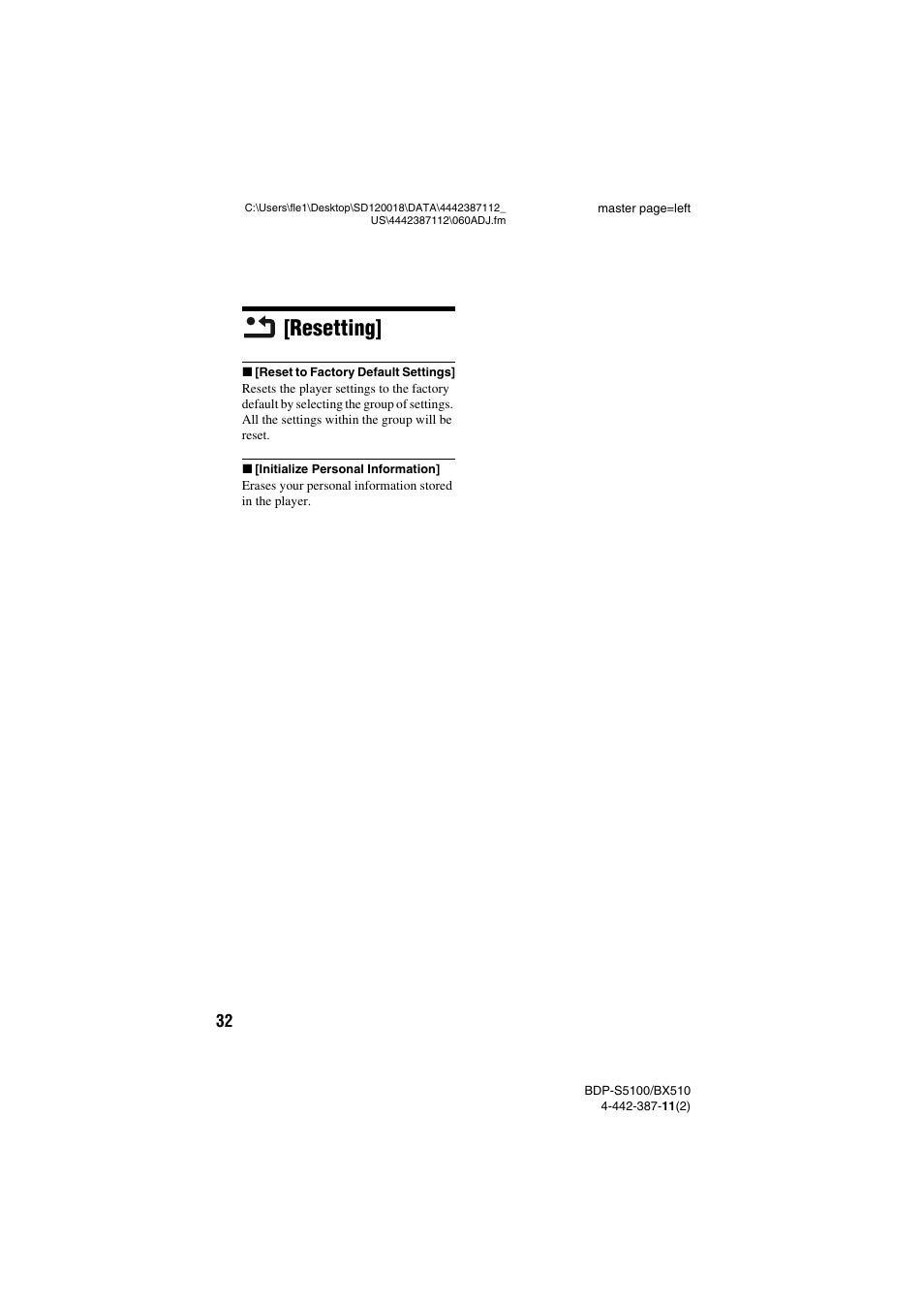 Resetting | Sony BDP-BX510 User Manual | Page 32 / 44