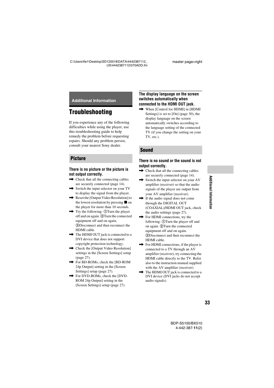 Additional information, Troubleshooting, Picture sound | Sony BDP-BX510 User Manual | Page 33 / 44