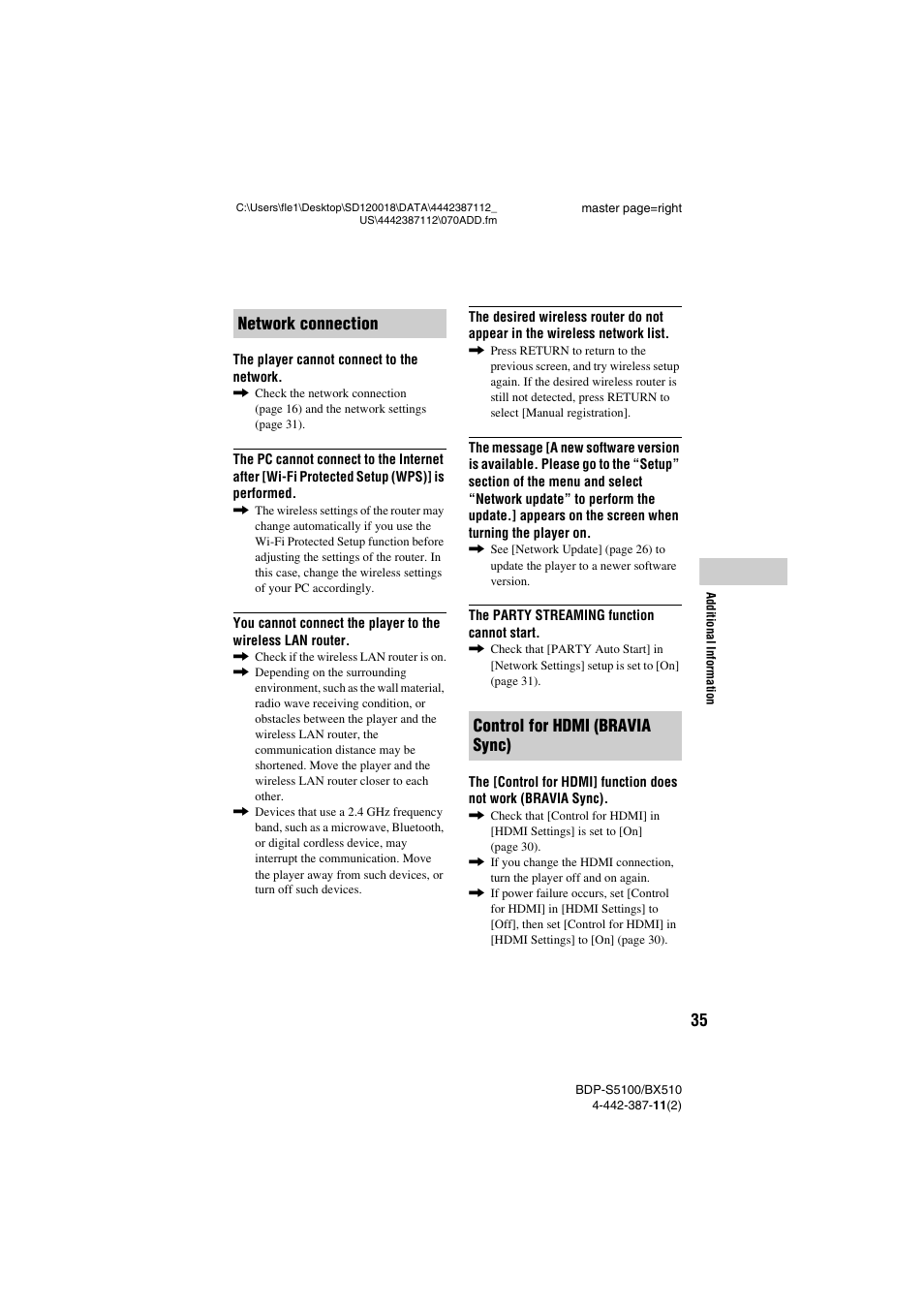 Network connection control for hdmi (bravia sync) | Sony BDP-BX510 User Manual | Page 35 / 44