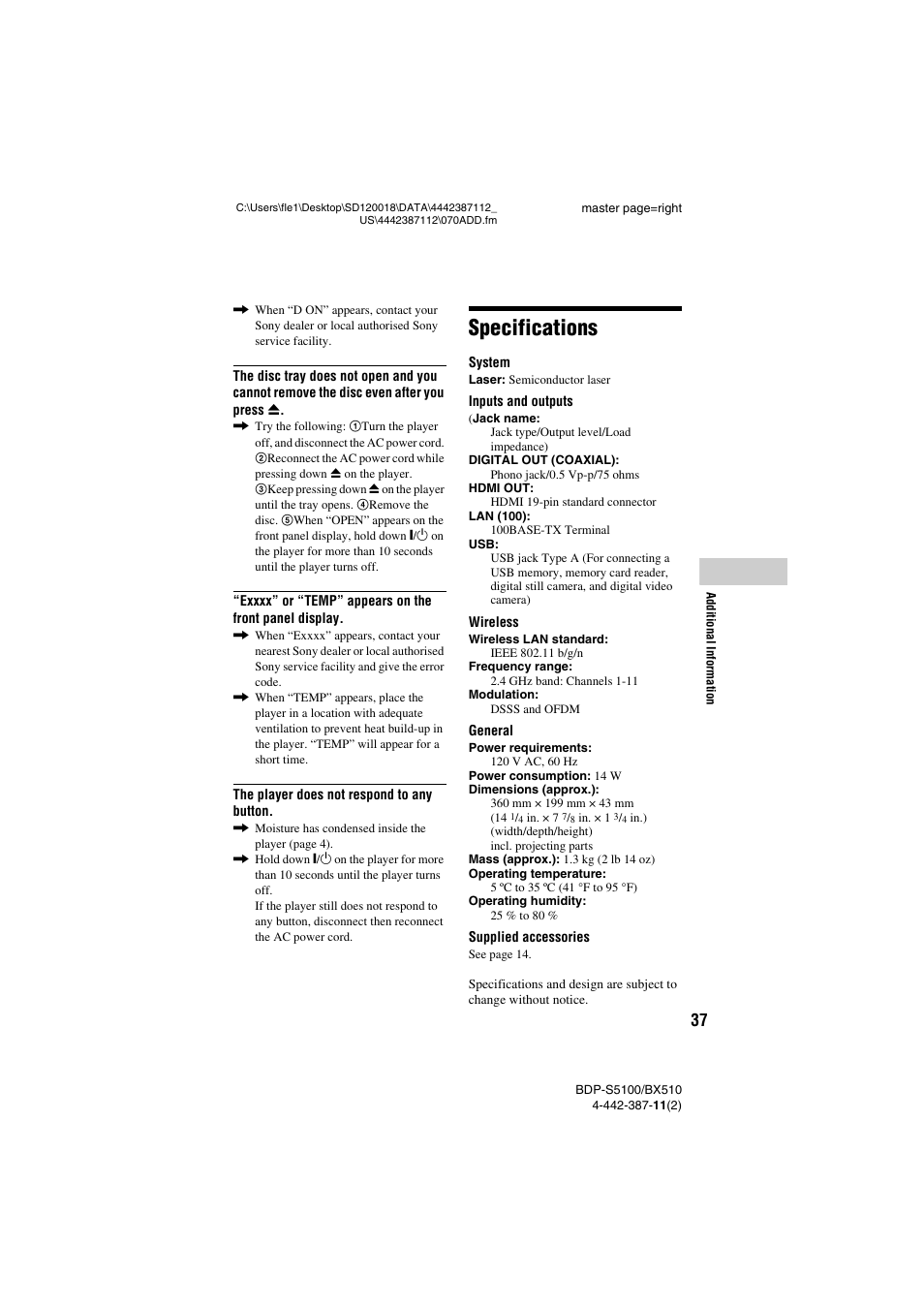 Specifications | Sony BDP-BX510 User Manual | Page 37 / 44