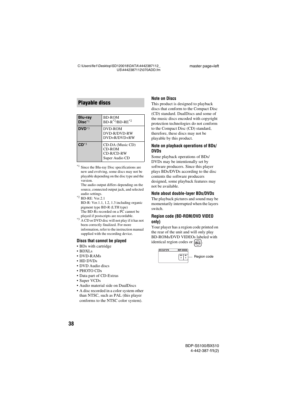 Playable discs | Sony BDP-BX510 User Manual | Page 38 / 44