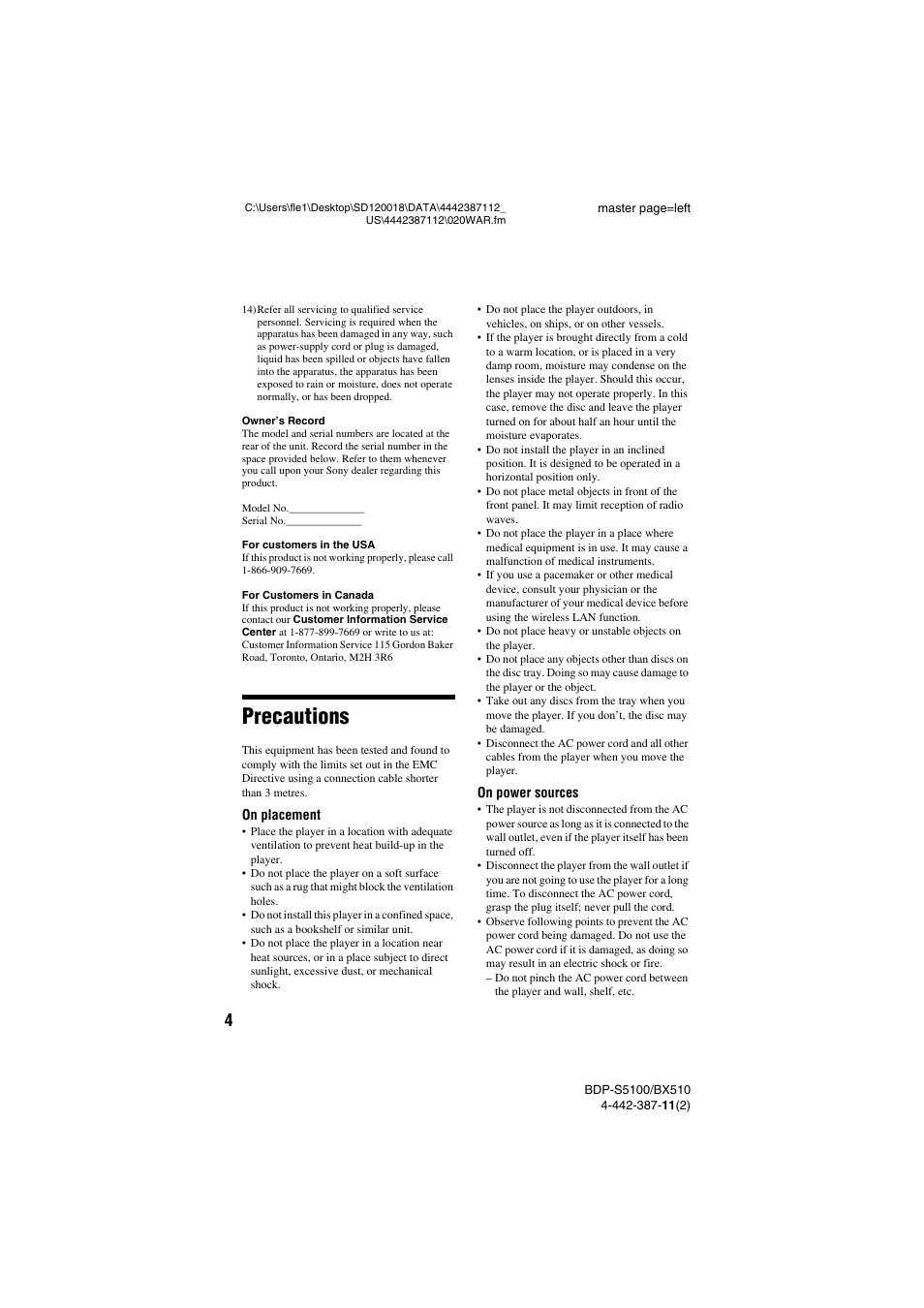 Precautions | Sony BDP-BX510 User Manual | Page 4 / 44