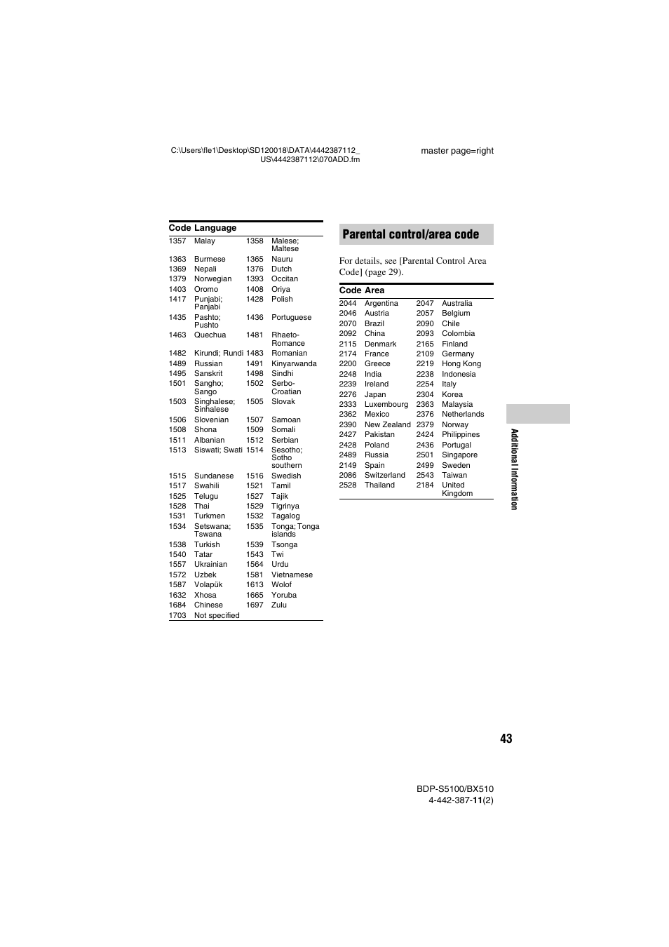 Parental control/area code | Sony BDP-BX510 User Manual | Page 43 / 44