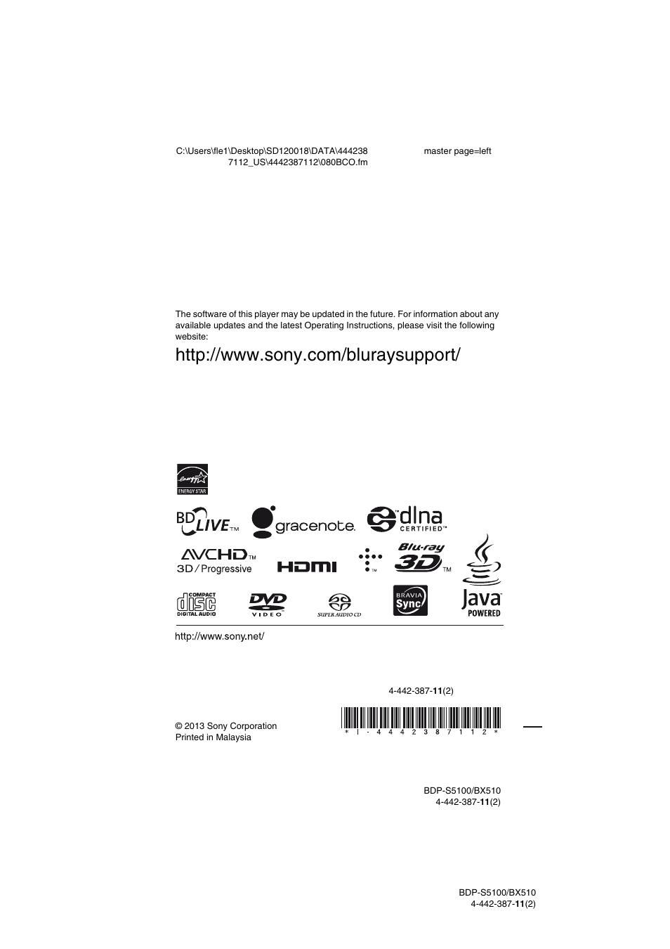 Sony BDP-BX510 User Manual | Page 44 / 44