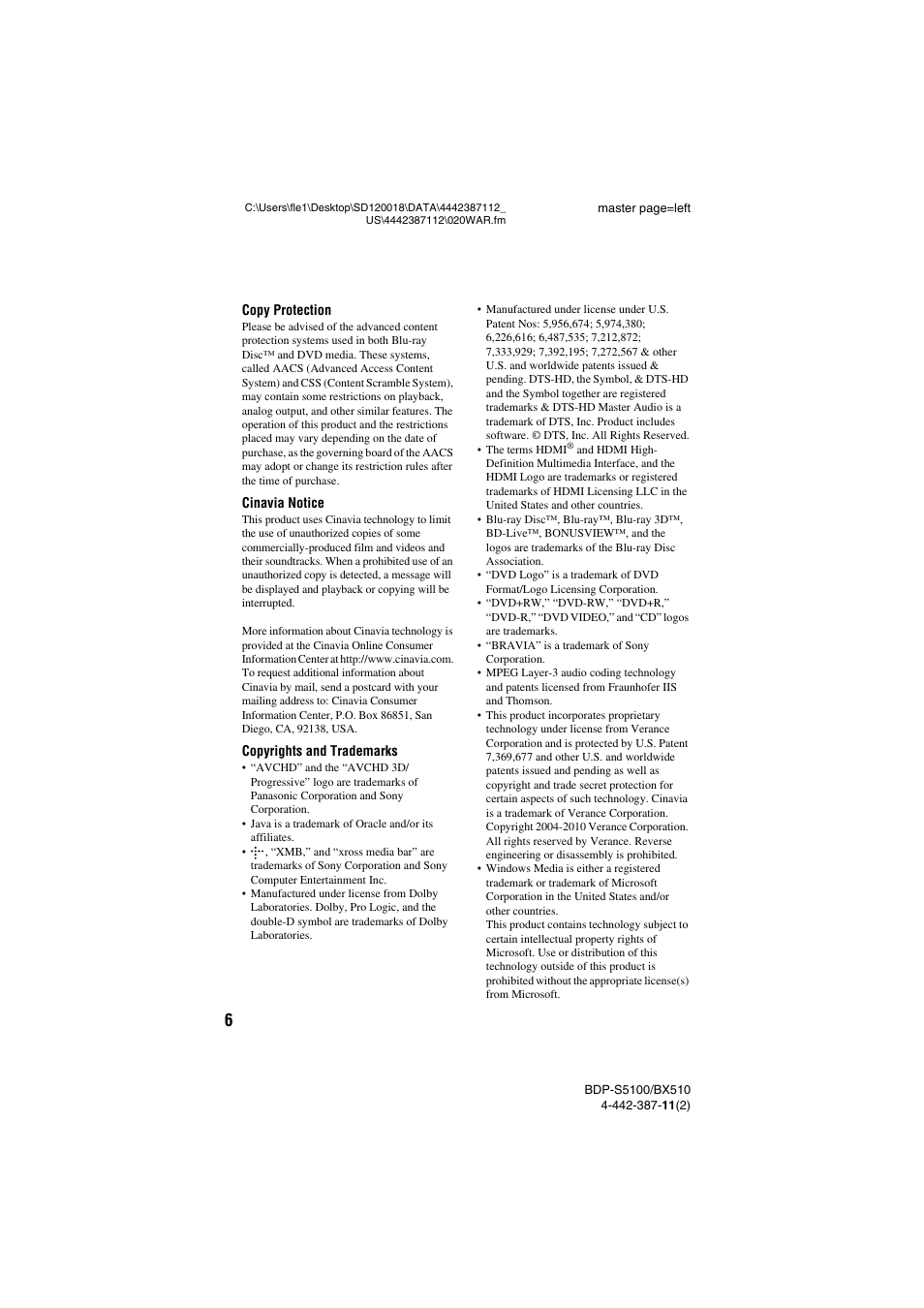 Sony BDP-BX510 User Manual | Page 6 / 44