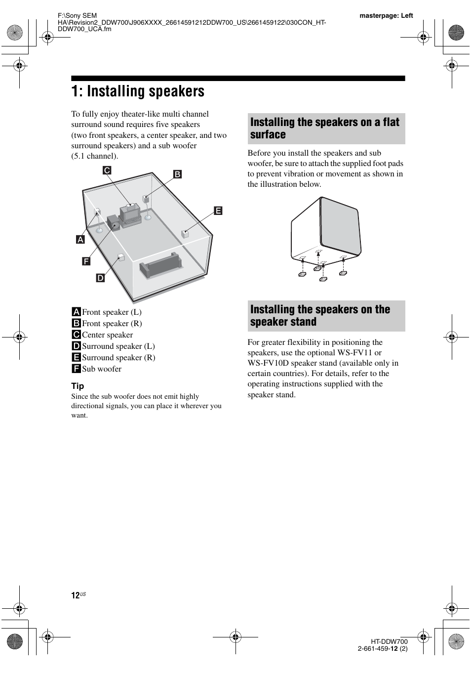 Installing speakers | Sony HT-DDW700 User Manual | Page 12 / 60