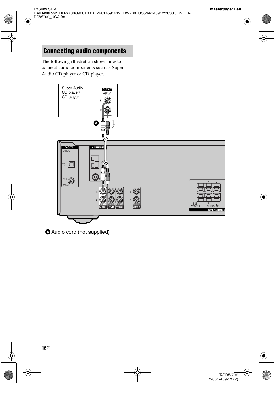 Connecting audio components, Aaudio cord (not supplied) | Sony HT-DDW700 User Manual | Page 16 / 60