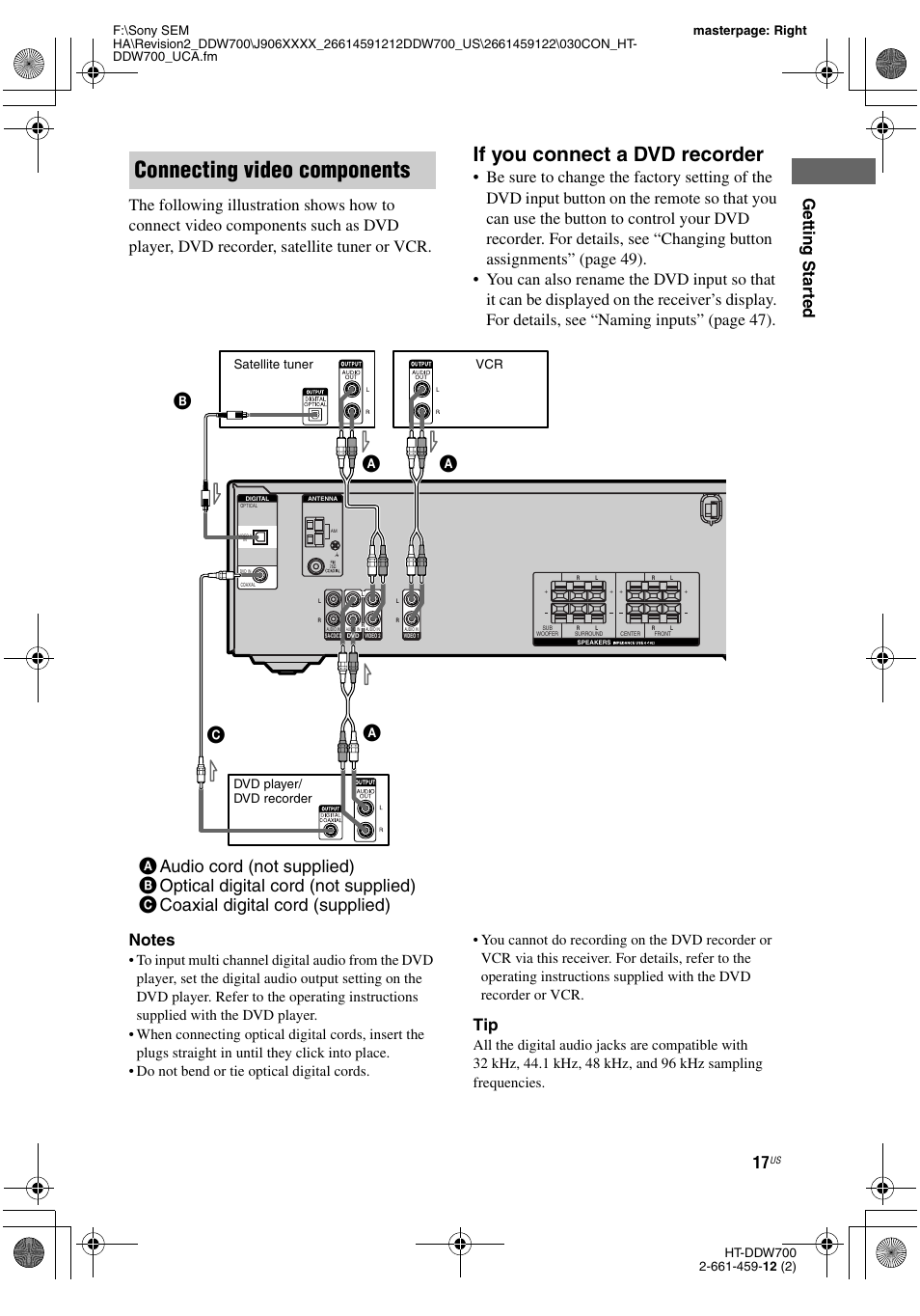 Connecting video components, If you connect a dvd recorder | Sony HT-DDW700 User Manual | Page 17 / 60