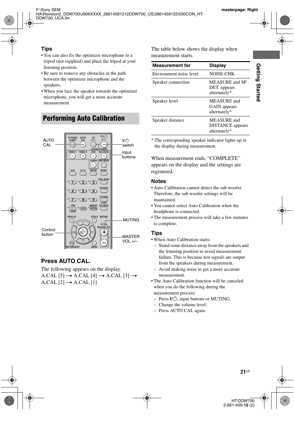Performing auto calibration, Press auto cal, Getting star ted tips | Tips | Sony HT-DDW700 User Manual | Page 21 / 60