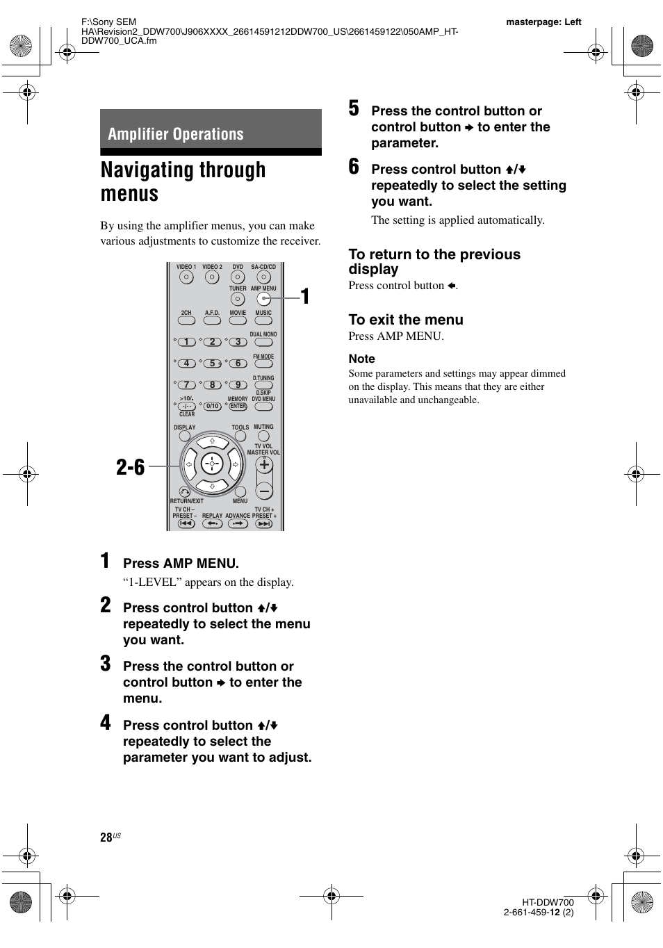 Amplifier operations, Navigating through menus, Press amp menu | Sony HT-DDW700 User Manual | Page 28 / 60