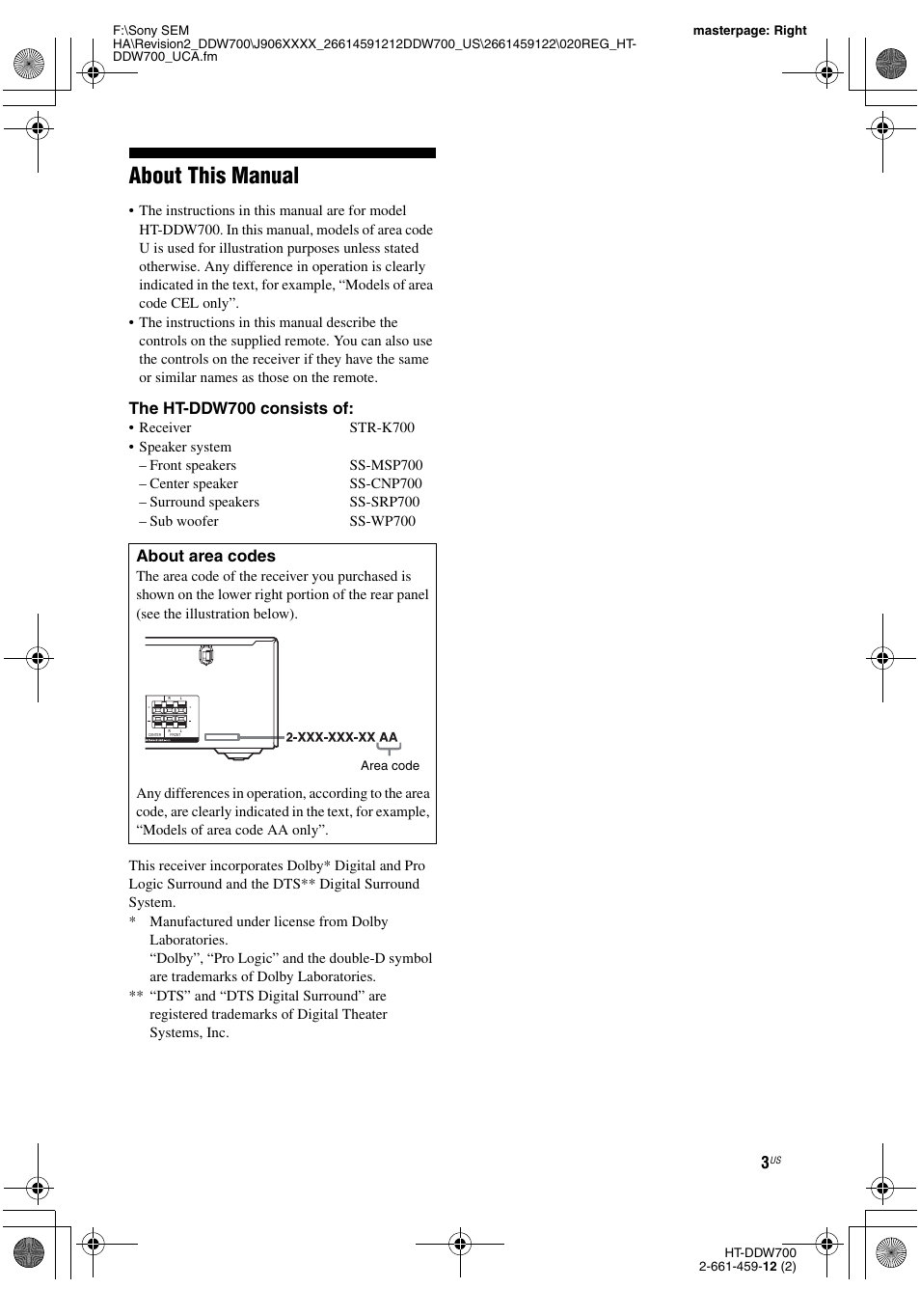 About this manual, The ht-ddw700 consists of, About area codes | Sony HT-DDW700 User Manual | Page 3 / 60