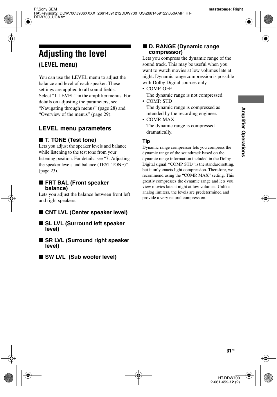 Adjusting the level (level menu), Adjusting the level, Level menu) | L (31) | Sony HT-DDW700 User Manual | Page 31 / 60