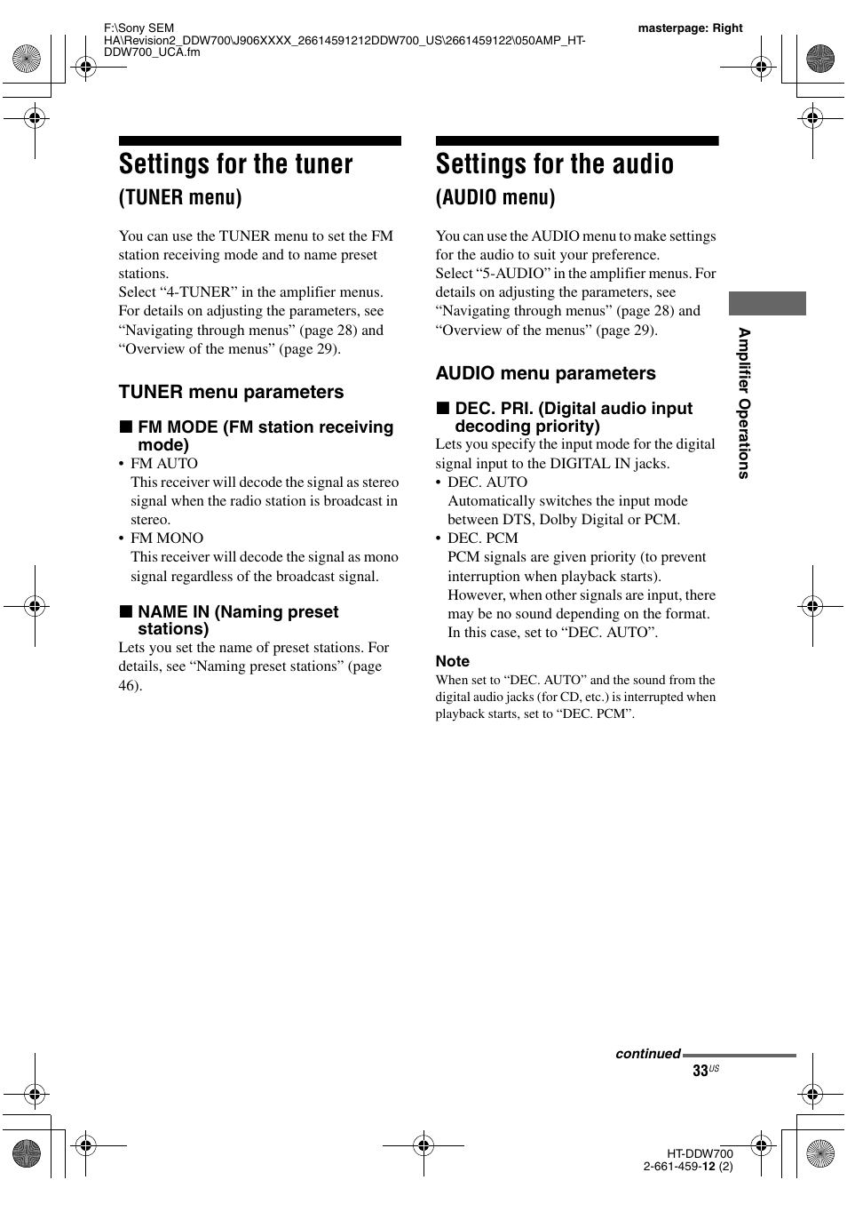 Settings for the tuner (tuner menu), Settings for the audio (audio menu), Settings for the tuner | Settings for the audio, Tuner menu), Audio menu) | Sony HT-DDW700 User Manual | Page 33 / 60
