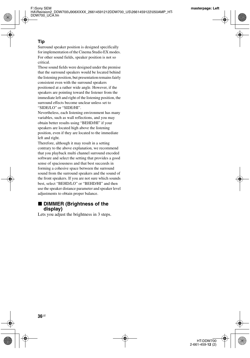 X dimmer (brightness of the display) | Sony HT-DDW700 User Manual | Page 36 / 60