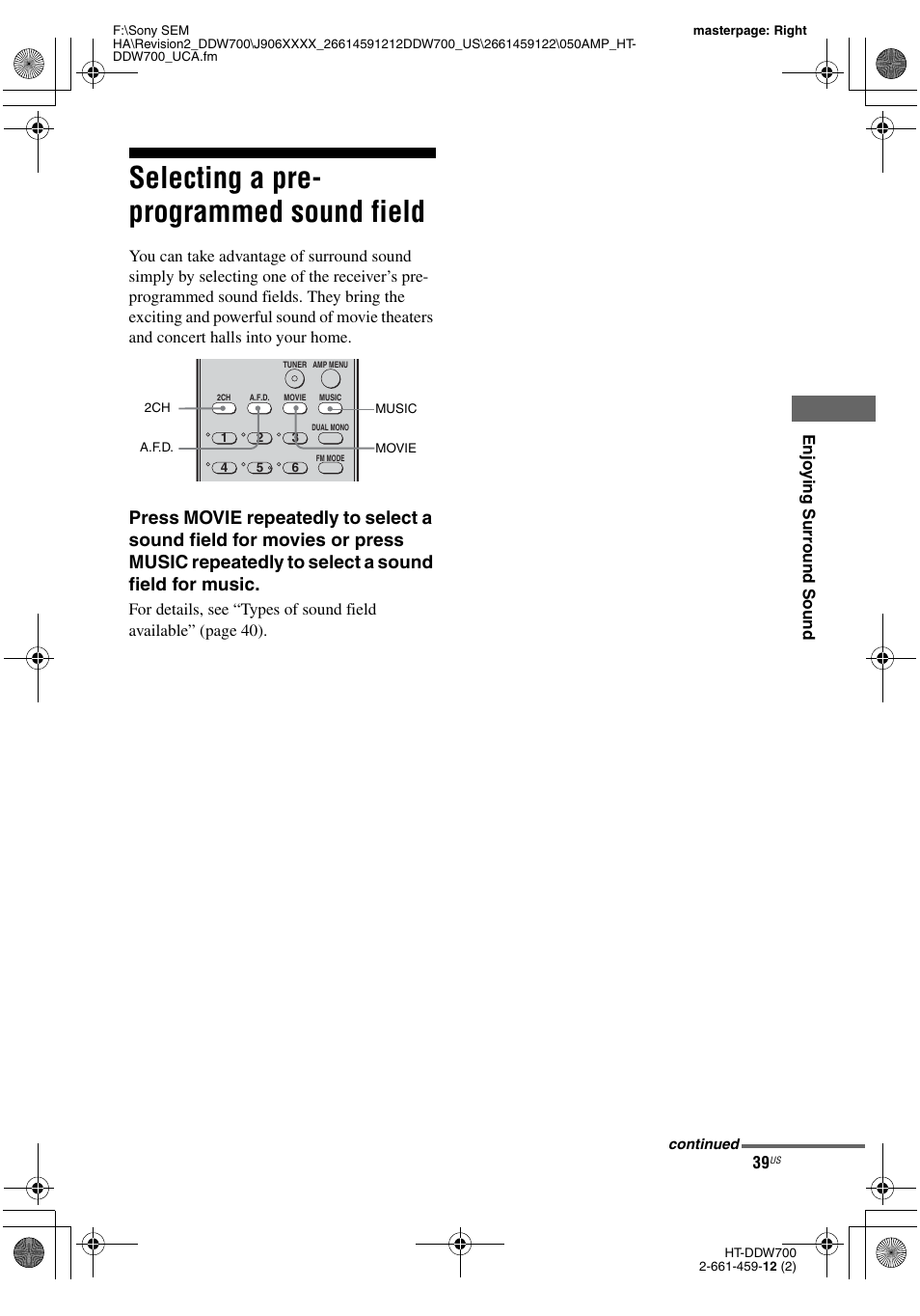 Selecting a pre- programmed sound field, Selecting a pre-programmed sound field | Sony HT-DDW700 User Manual | Page 39 / 60