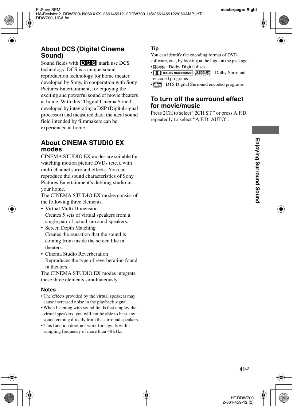 About dcs (digital cinema sound), About cinema studio ex modes | Sony HT-DDW700 User Manual | Page 41 / 60