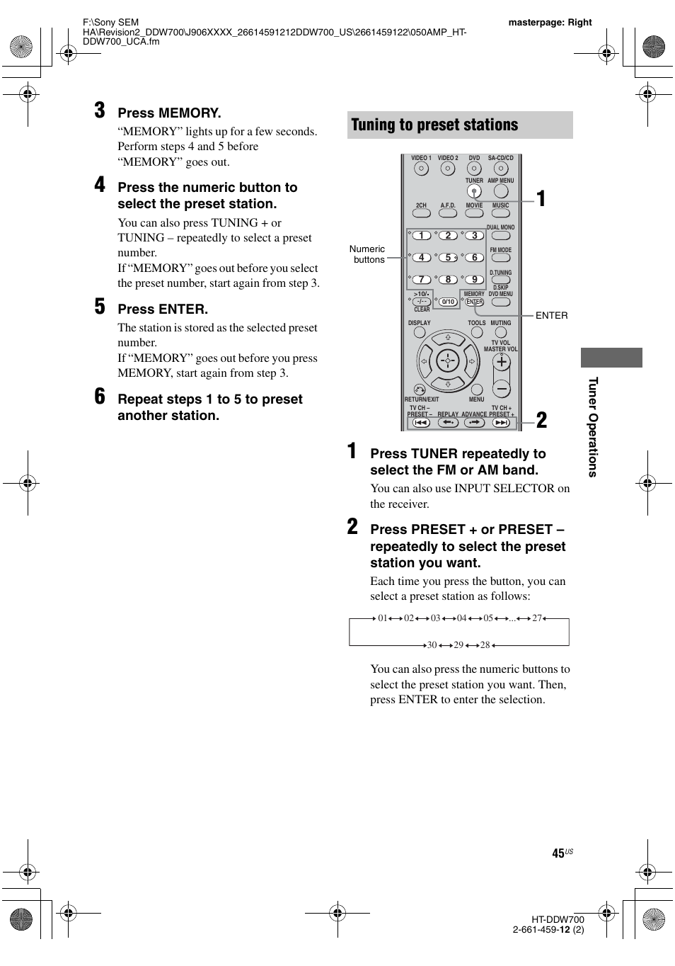 Tuning to preset stations, Press enter, Repeat steps 1 to 5 t o preset another station | Press tuner repeatedly to select the fm or am band | Sony HT-DDW700 User Manual | Page 45 / 60