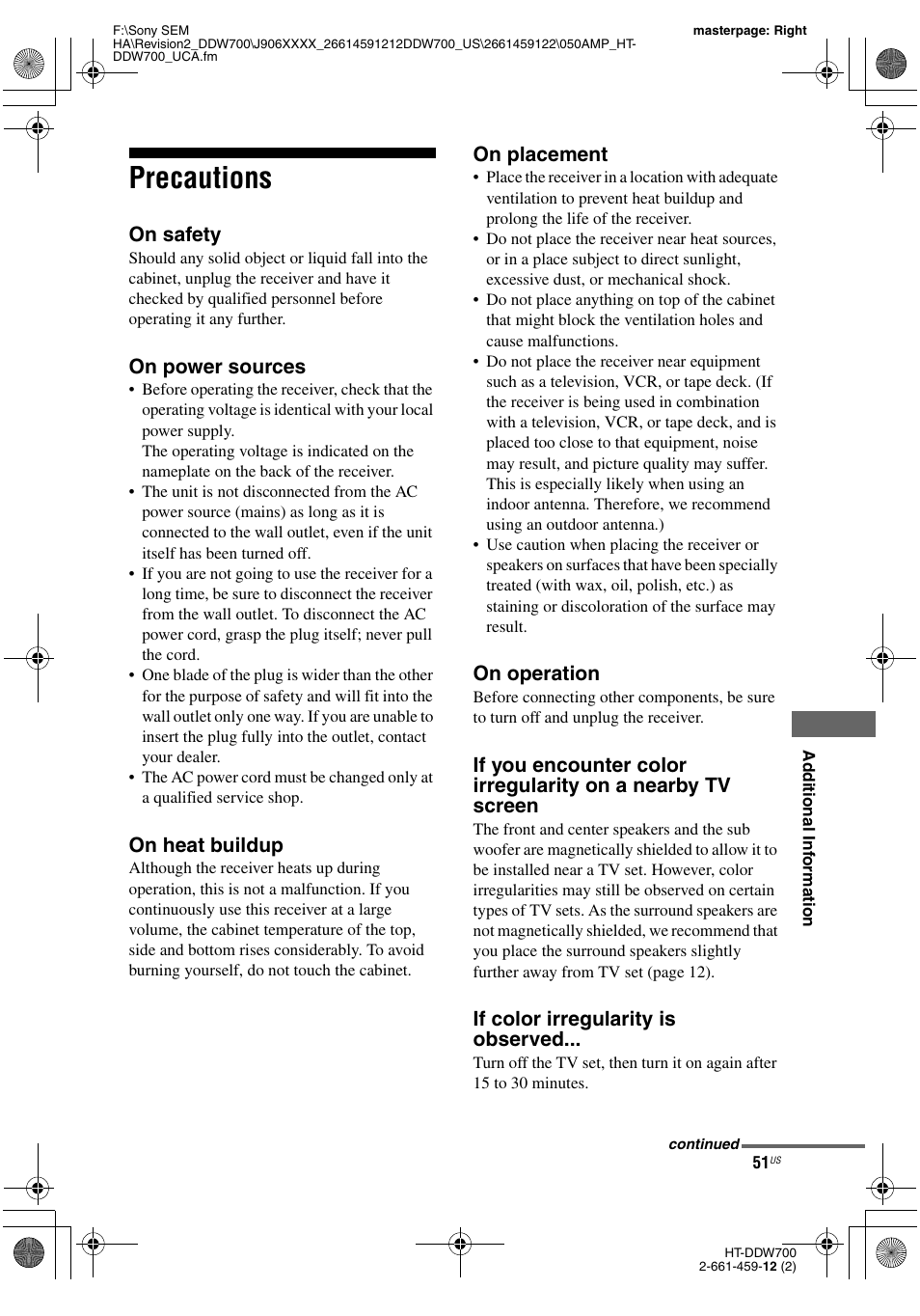 Precautions, On safety, On power sources | On heat buildup, On placement, On operation, If color irregularity is observed | Sony HT-DDW700 User Manual | Page 51 / 60