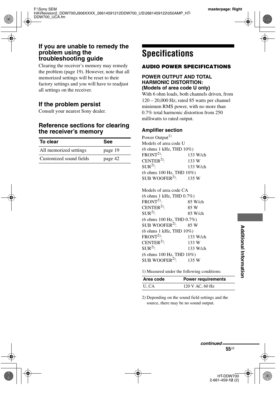 Specifications, If the problem persist | Sony HT-DDW700 User Manual | Page 55 / 60