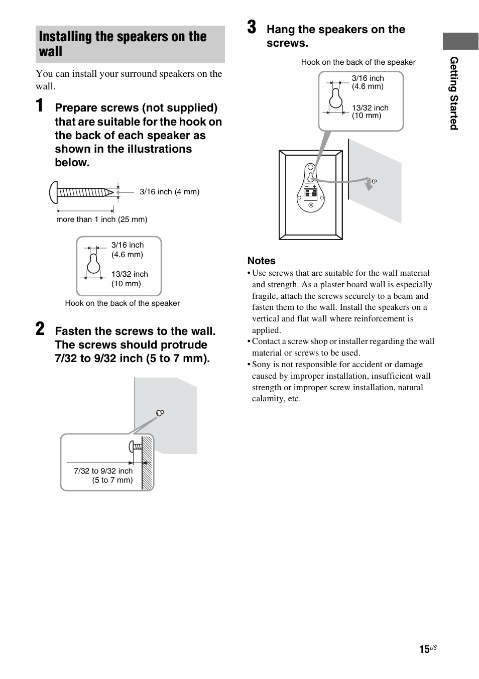 Installing the speakers on the wall | Sony HT-7200DH User Manual | Page 15 / 88