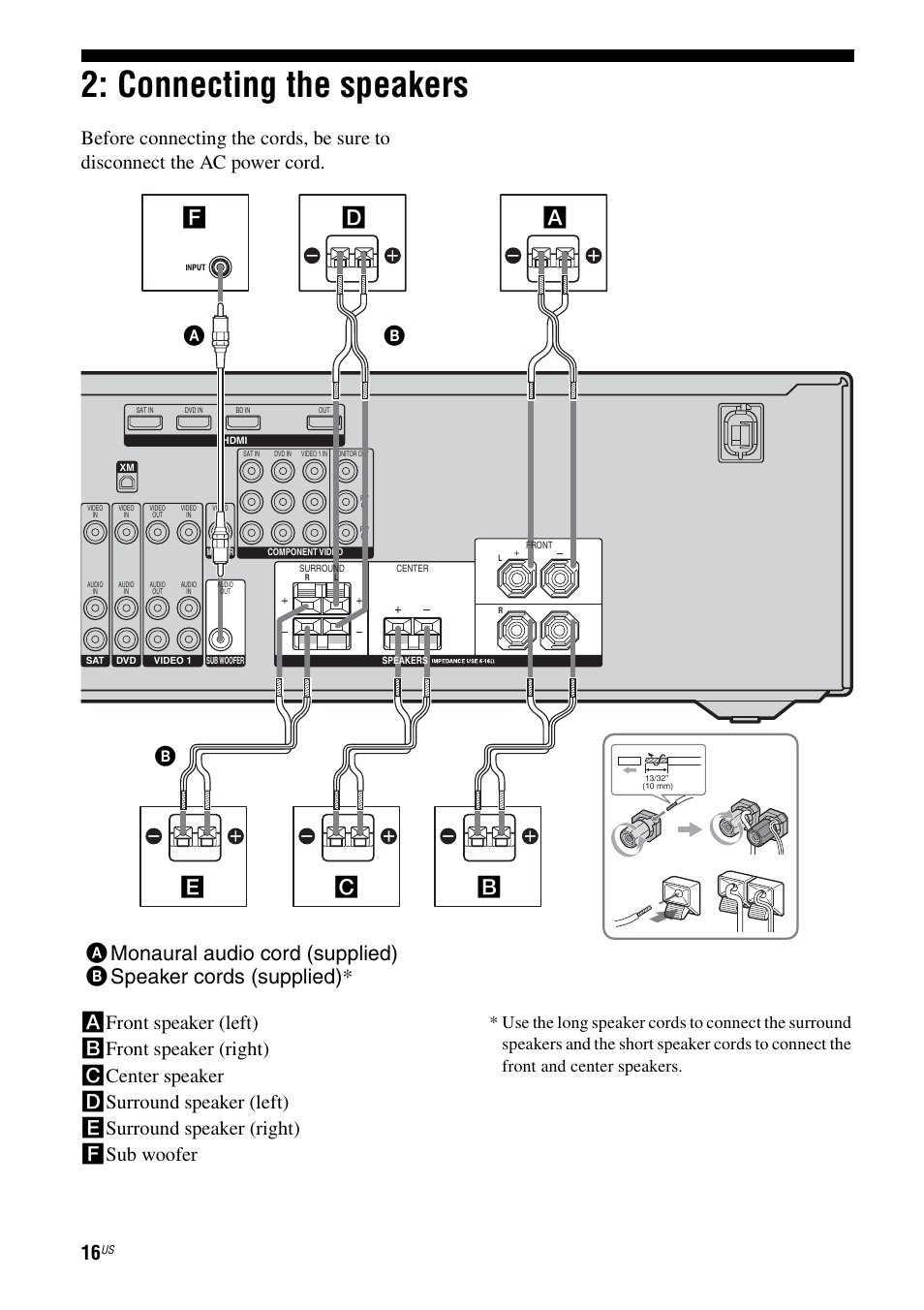 Connecting the speakers | Sony HT-7200DH User Manual | Page 16 / 88