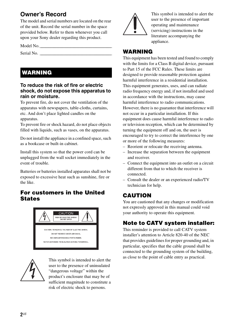 Owner’s record, For customers in the united states, Warning | Caution | Sony HT-7200DH User Manual | Page 2 / 88