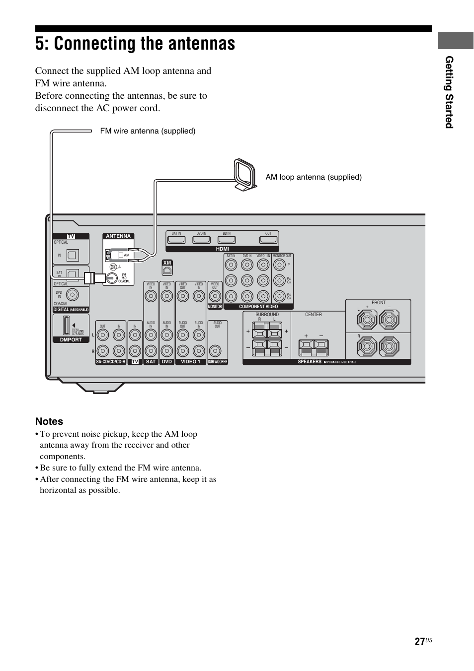 Connecting the antennas, Ge tting star te d | Sony HT-7200DH User Manual | Page 27 / 88