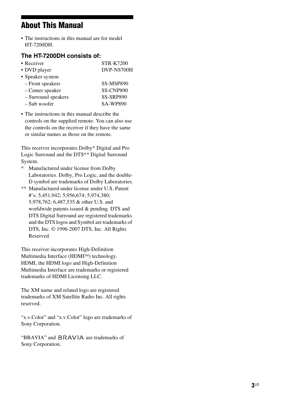 About this manual | Sony HT-7200DH User Manual | Page 3 / 88