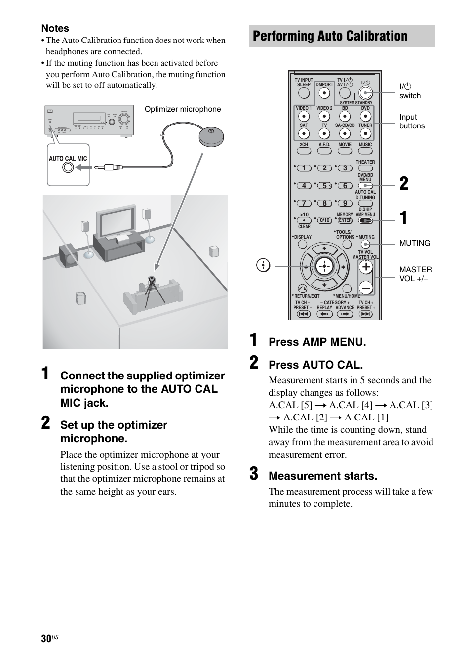 Performing auto calibration, Set up the optimizer microphone, Press amp menu | Press auto cal, Measurement starts | Sony HT-7200DH User Manual | Page 30 / 88