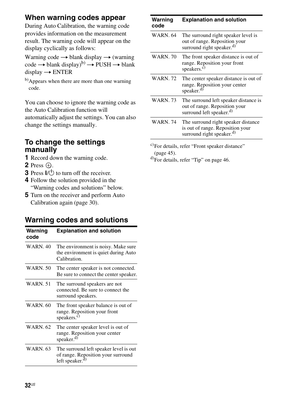 When warning codes appear, Warning codes and solutions | Sony HT-7200DH User Manual | Page 32 / 88