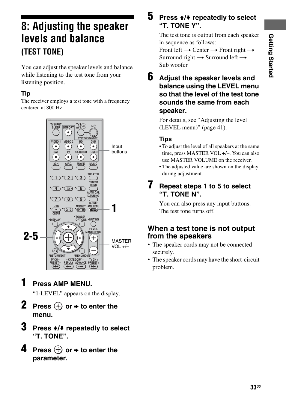 Adjusting the speaker levels and, Balance (test tone), Adjusting the speaker levels and balance | Test tone), When a test tone is not output from the speakers, Press amp menu, Press or b to enter the menu, Press v / v repeatedly to select “t. tone, Press or b to enter the parameter, Press v / v repeatedly to select “t. tone y | Sony HT-7200DH User Manual | Page 33 / 88