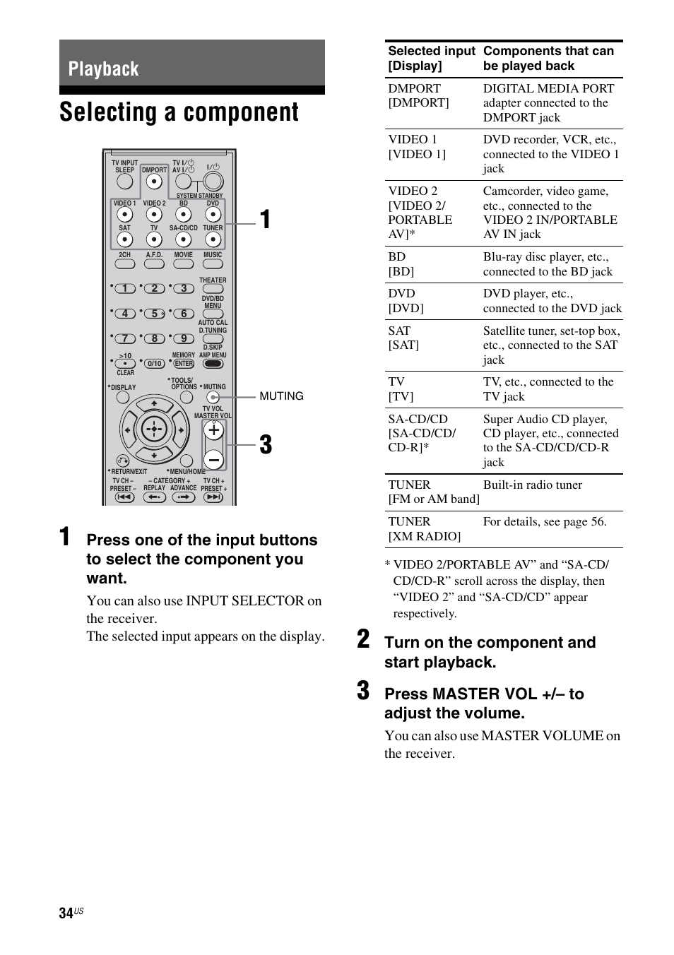 Playback, Selecting a component, Selecting a component 1 | Turn on the component and start playback, Press master vol +/– to adjust the volume, You can also use master volume on the receiver | Sony HT-7200DH User Manual | Page 34 / 88