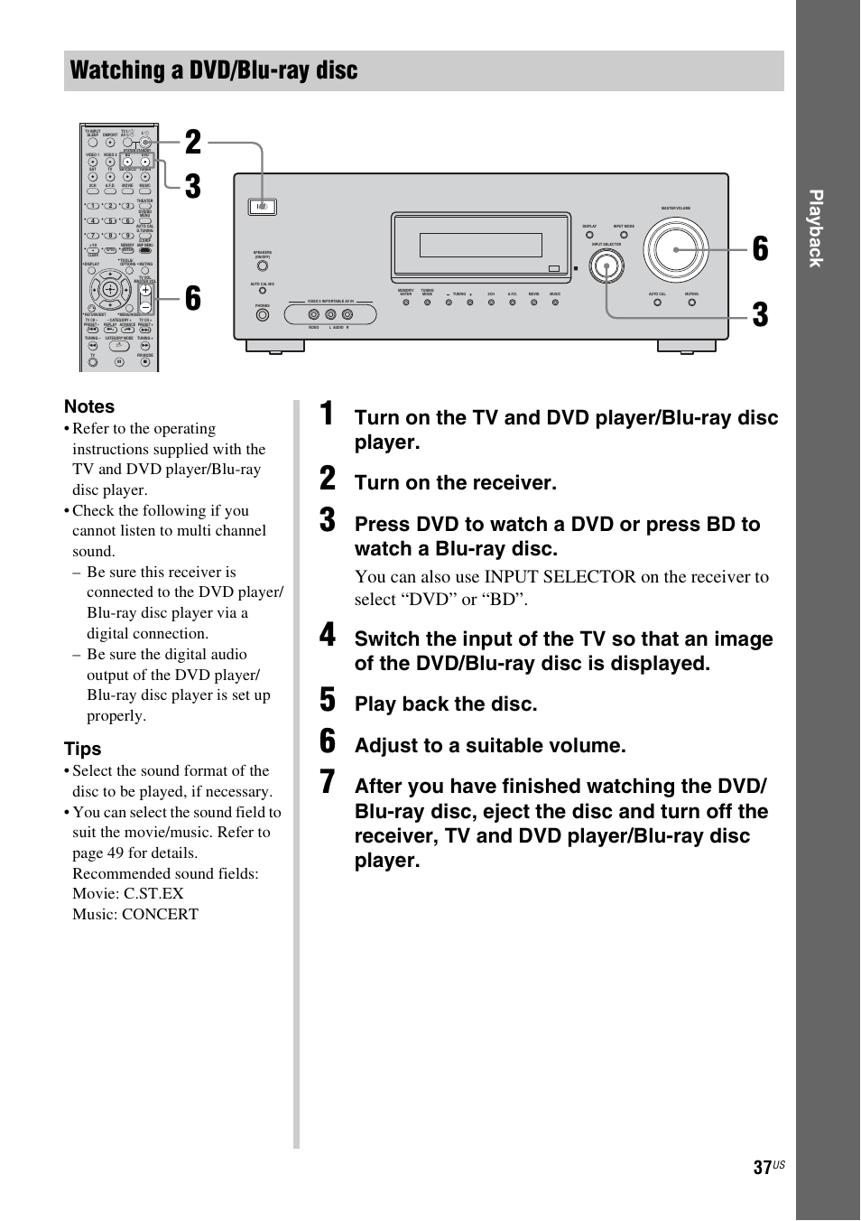 Watching a dvd/blu-ray disc, Turn on the tv and dvd player/blu-ray disc player, Turn on the receiver | Play back the disc, Adjust to a suitable volume, Play b a ck, Tips | Sony HT-7200DH User Manual | Page 37 / 88