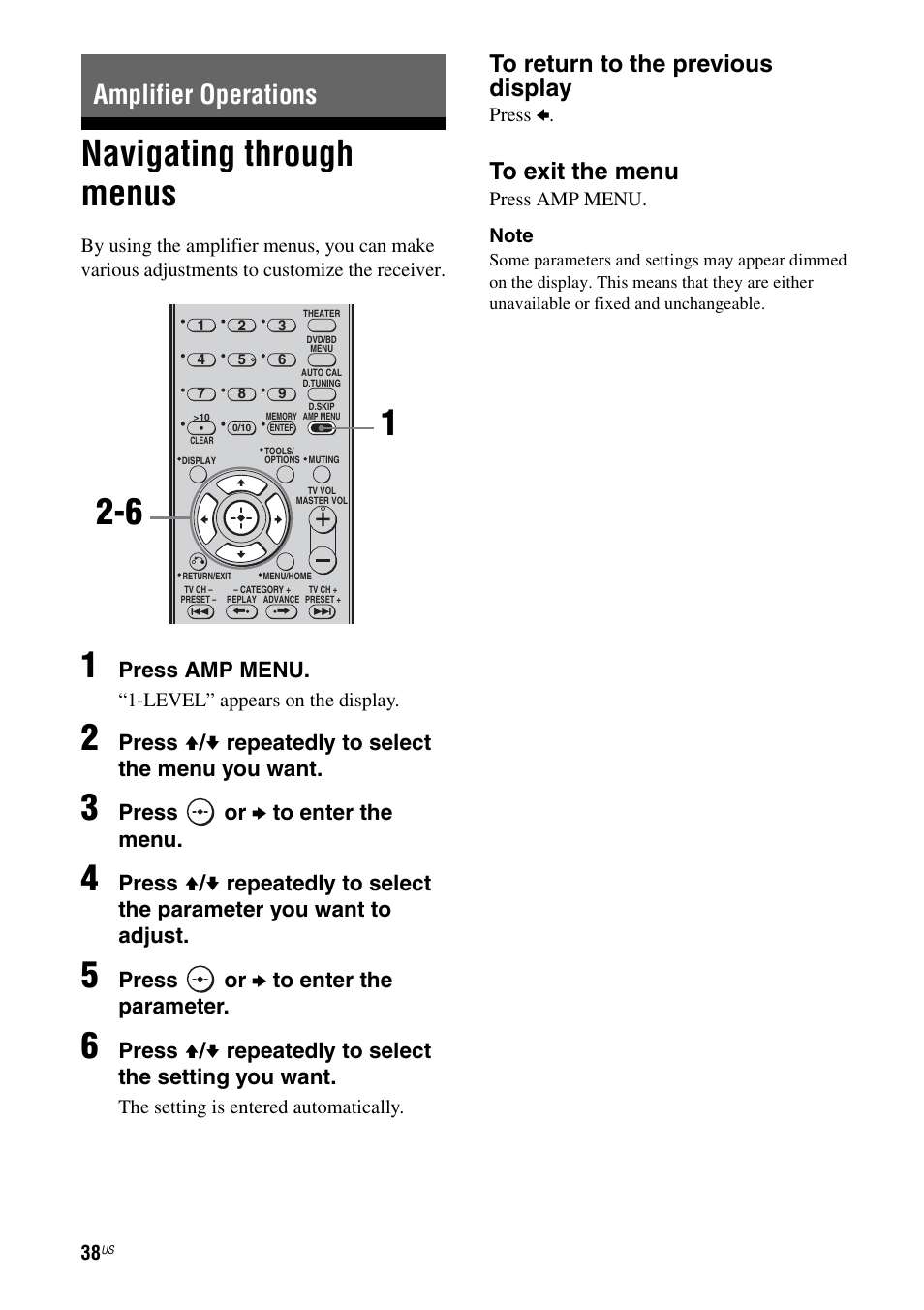 Amplifier operations, Navigating through menus, Press amp menu | Press v / v repeatedly to select the menu you want, Press or b to enter the menu, Press or b to enter the parameter | Sony HT-7200DH User Manual | Page 38 / 88