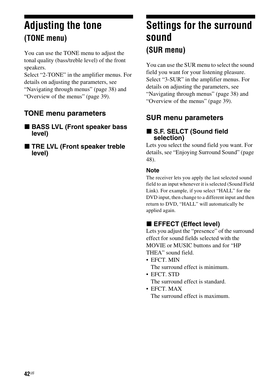 Adjusting the tone (tone menu), Settings for the surround sound (sur menu), Sur menu) | Adjusting the tone, Settings for the surround sound, Tone menu) | Sony HT-7200DH User Manual | Page 42 / 88