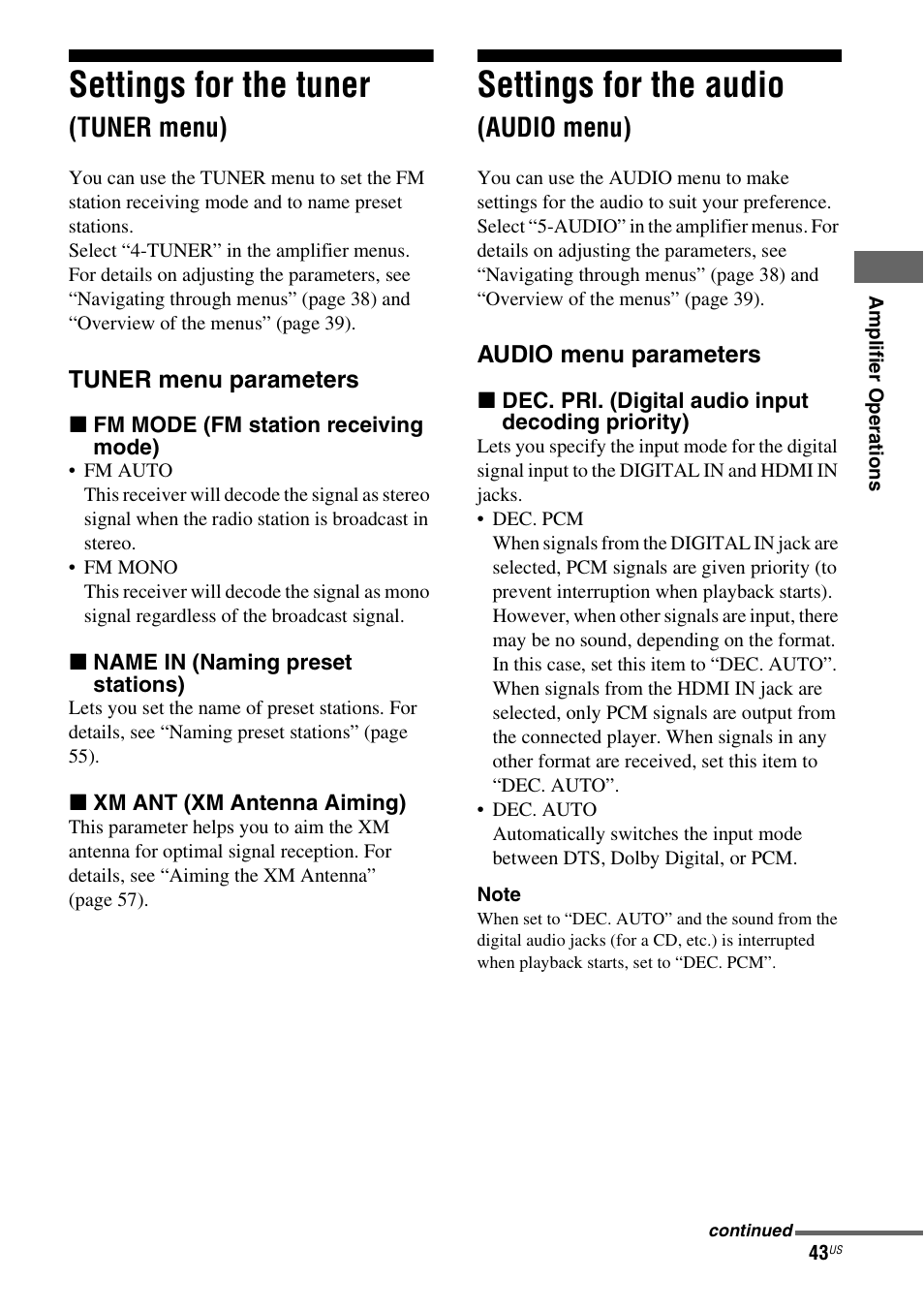 Settings for the tuner (tuner menu), Settings for the audio (audio menu), Settings for the tuner | Settings for the audio, Tuner menu), Audio menu) | Sony HT-7200DH User Manual | Page 43 / 88