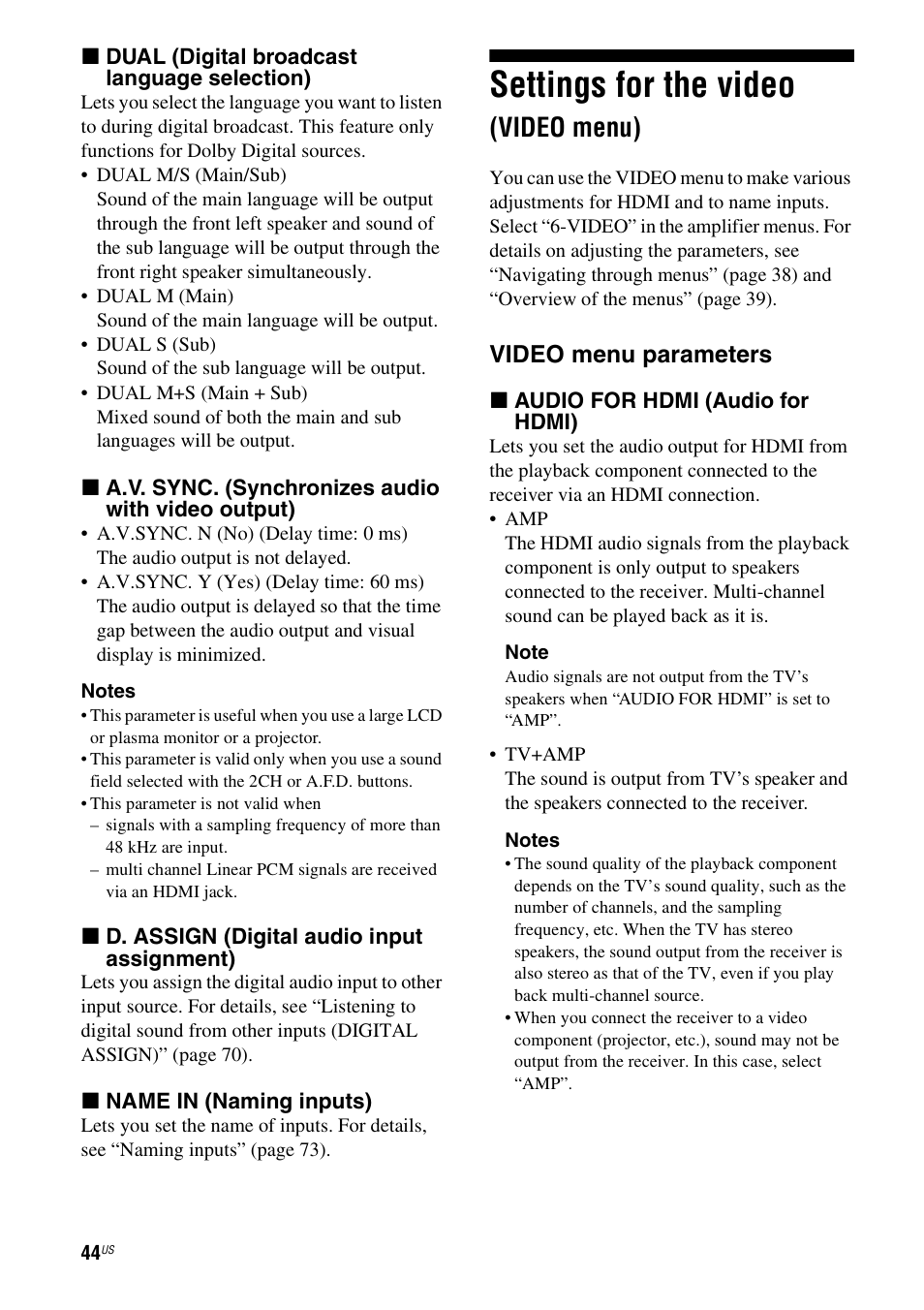 Settings for the video (video menu), Settings for the video, Video menu) | Video menu parameters | Sony HT-7200DH User Manual | Page 44 / 88