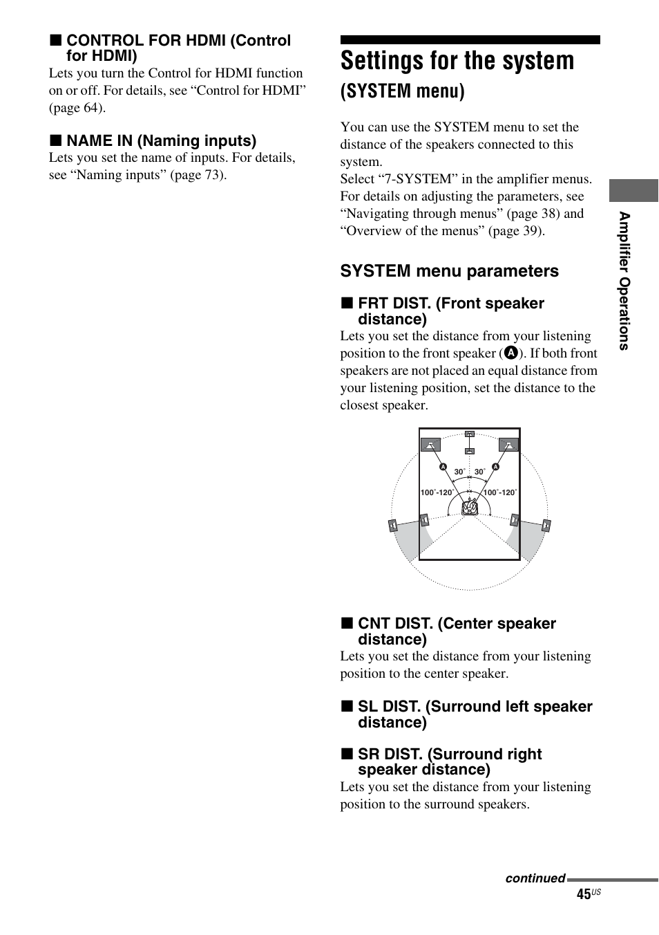 Settings for the system (system menu), Settings for the system, System menu) | System menu parameters | Sony HT-7200DH User Manual | Page 45 / 88