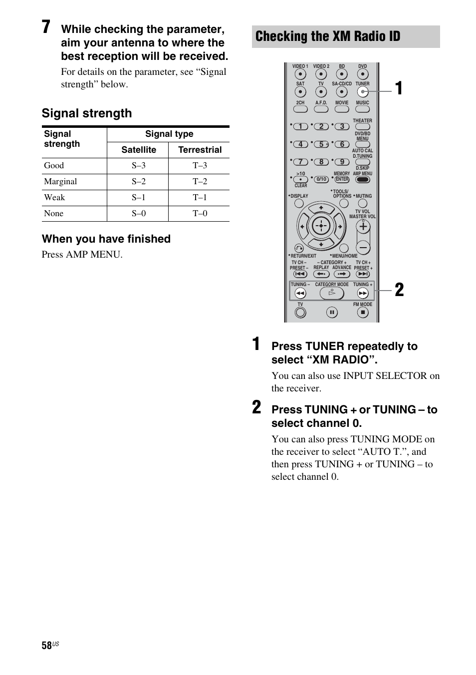 Checking the xm radio id, Signal strength, When you have finished | Press tuner repeatedly to select “xm radio, Press tuning + or tuning – to select channel 0, Press amp menu, You can also use input selector on the receiver | Sony HT-7200DH User Manual | Page 58 / 88