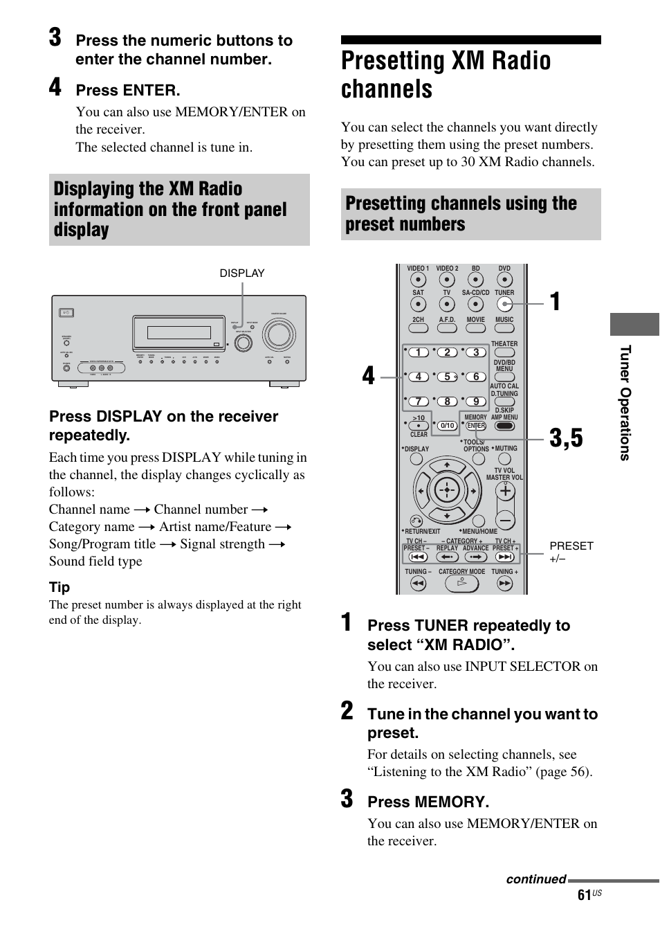 Presetting xm radio channels, E 61, Presetting channels using the preset numbers | Press enter, Press display on the receiver repeatedly, Press tuner repeatedly to select “xm radio, Tune in the channel you want to preset, You can also use input selector on the receiver | Sony HT-7200DH User Manual | Page 61 / 88