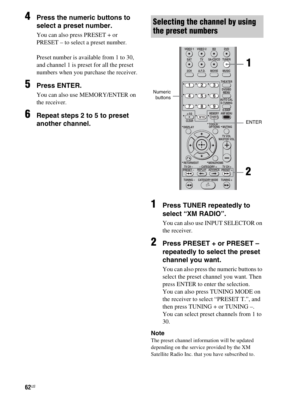 Selecting the channel by using the preset numbers, Press enter, Repeat steps 2 to 5 to preset another channel | Press tuner repeatedly to select “xm radio, You can also use input selector on the receiver | Sony HT-7200DH User Manual | Page 62 / 88