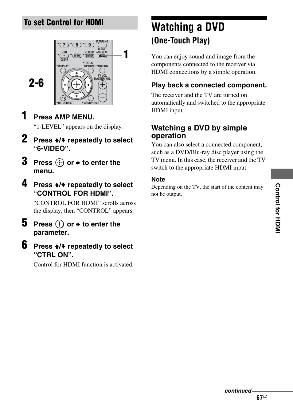 Watching a dvd (one-touch play), Watching a dvd, One-touch play) | Sony HT-7200DH User Manual | Page 67 / 88