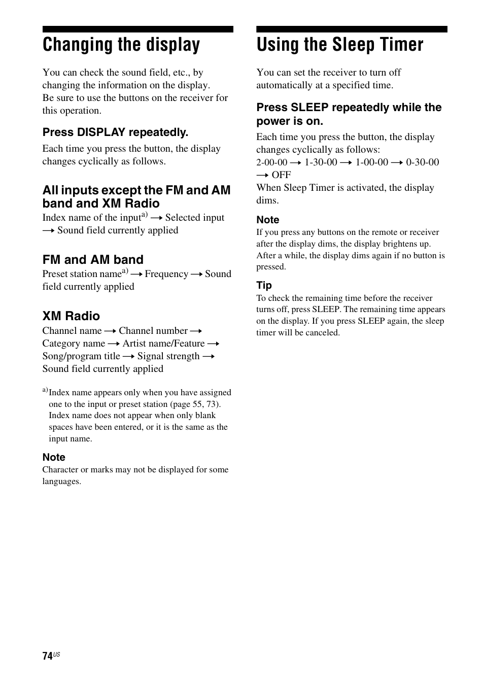 Changing the display, Using the sleep timer, Changing the display using the sleep timer | All inputs except the fm and am band and xm radio, Fm and am band, Xm radio | Sony HT-7200DH User Manual | Page 74 / 88